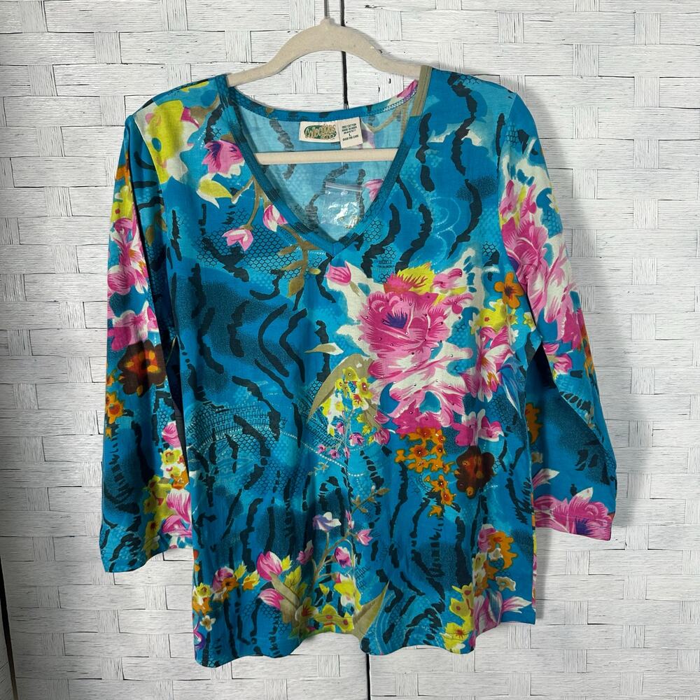 Collections women's 3/4 sleeve T-shirt Y2K print rhinestones floral vintage